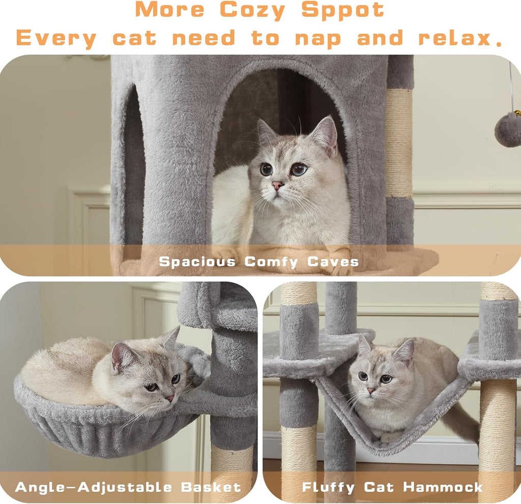 70-Inch Cat Tree,Large Cat Tree Tower with Hammock, Scratching Post, Condo and Multi-Level Cat Tower for Large Cats, Cat Activity Center Playhouse, Light Gray LCT016