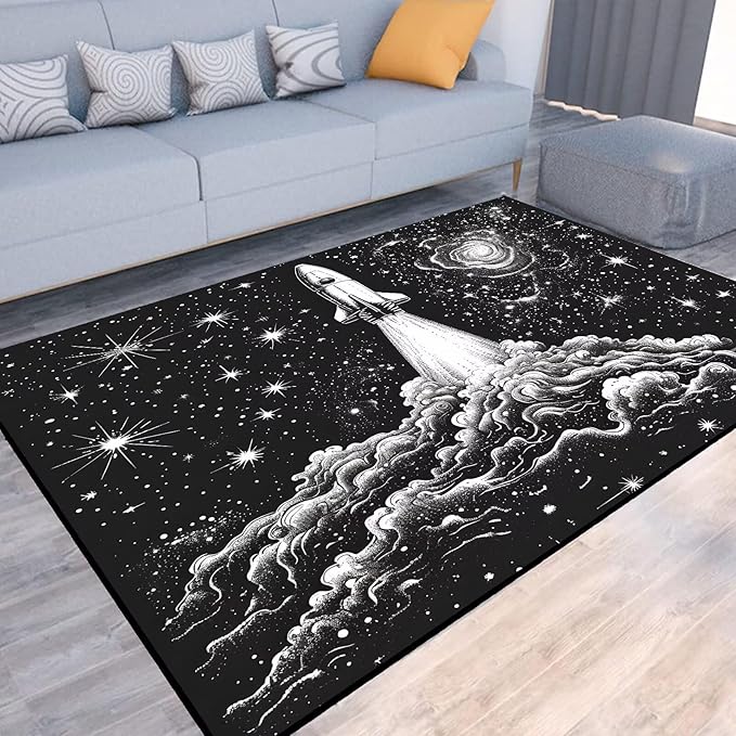 5' x 7' Space Rocket Rug for Kids Bedroom Black Stars Galaxy Rugs Carpet Planet Printed Throw Rugs for Boys Teens Living Room,150x210cm