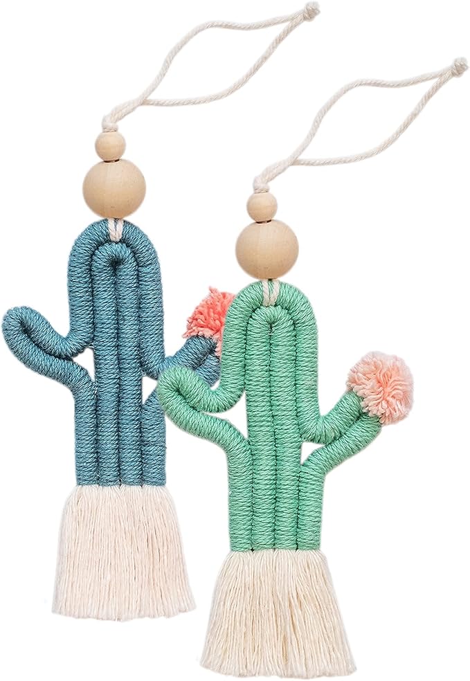Mila Millie 2 Pack Cactus Macrame Wall Hanging | Handmade Woven Tassel Ornament for Home or Nursery Baby Kids Room Decor | Boho Nordic Scandinavian Style (Blue Green)