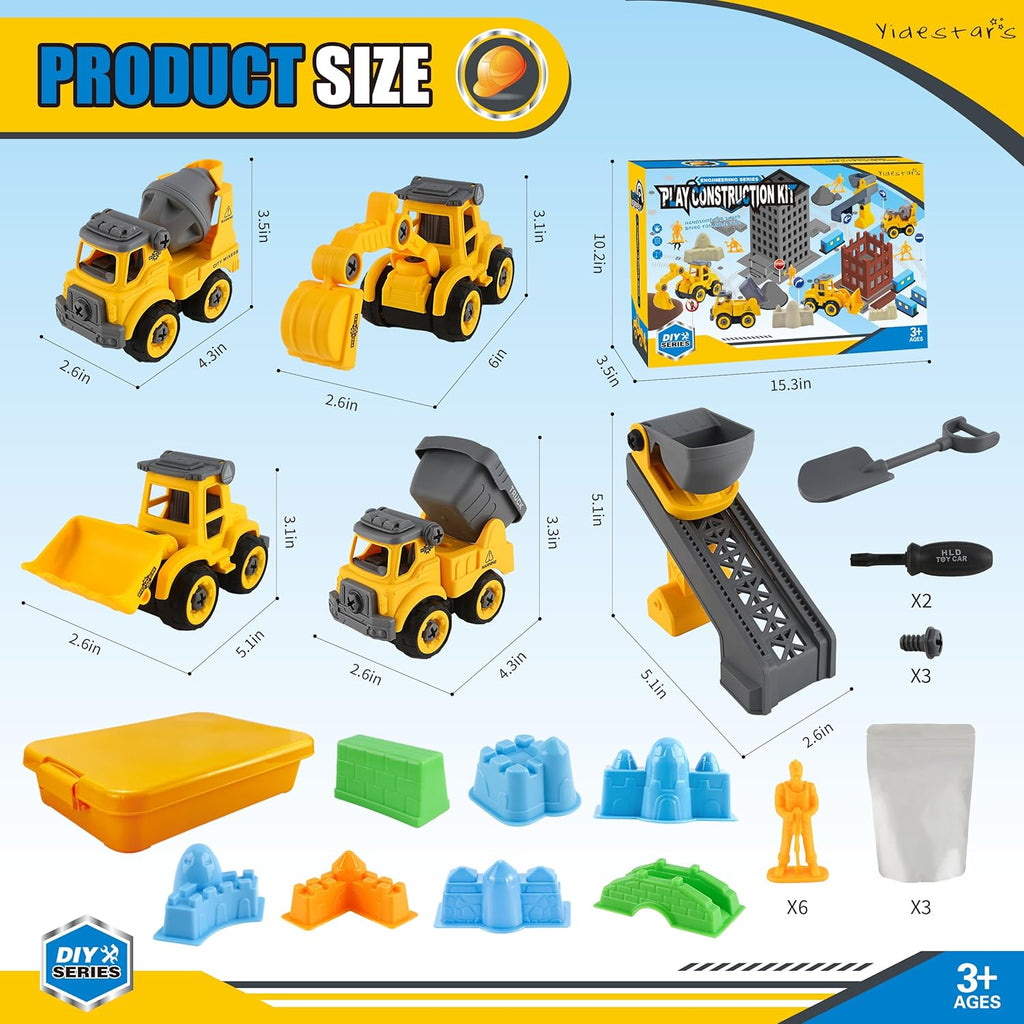 Construction Sandbox with Lid - 4 Vehicles with 1 Conveyor, 8 Castle Molds, 6 Figures & 3lbs Moldable Sand - Preschool Sensory Bin for Fine Motor Skills, Ages 3-6