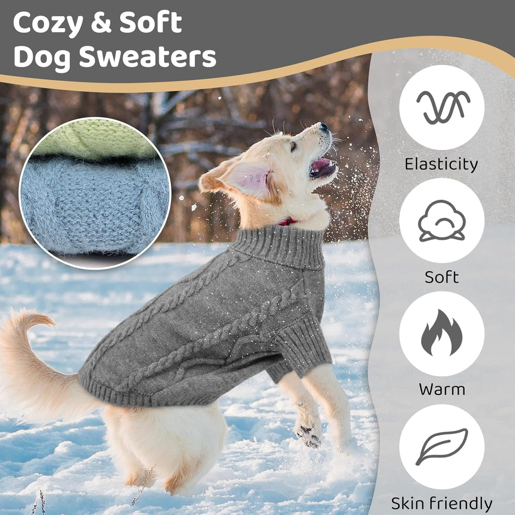 Queenmore Small Dog Pullover Sweater, Cold Weather Cable Knitwear, Classic Turtleneck Thick Warm Clothes for Chihuahua, Bulldog, Dachshund, Pug (Slate Grey, Large)