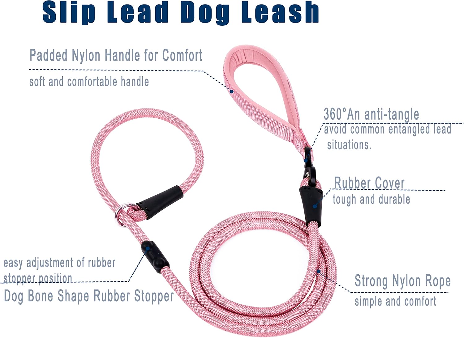 Slip Lead Dog Leash，Strong Nylon Rope Leash and Padded Handle,No Pull Outdoor Walking Training Lead for Small Medium Large Dogs(Pink, 1/2"×6ft)