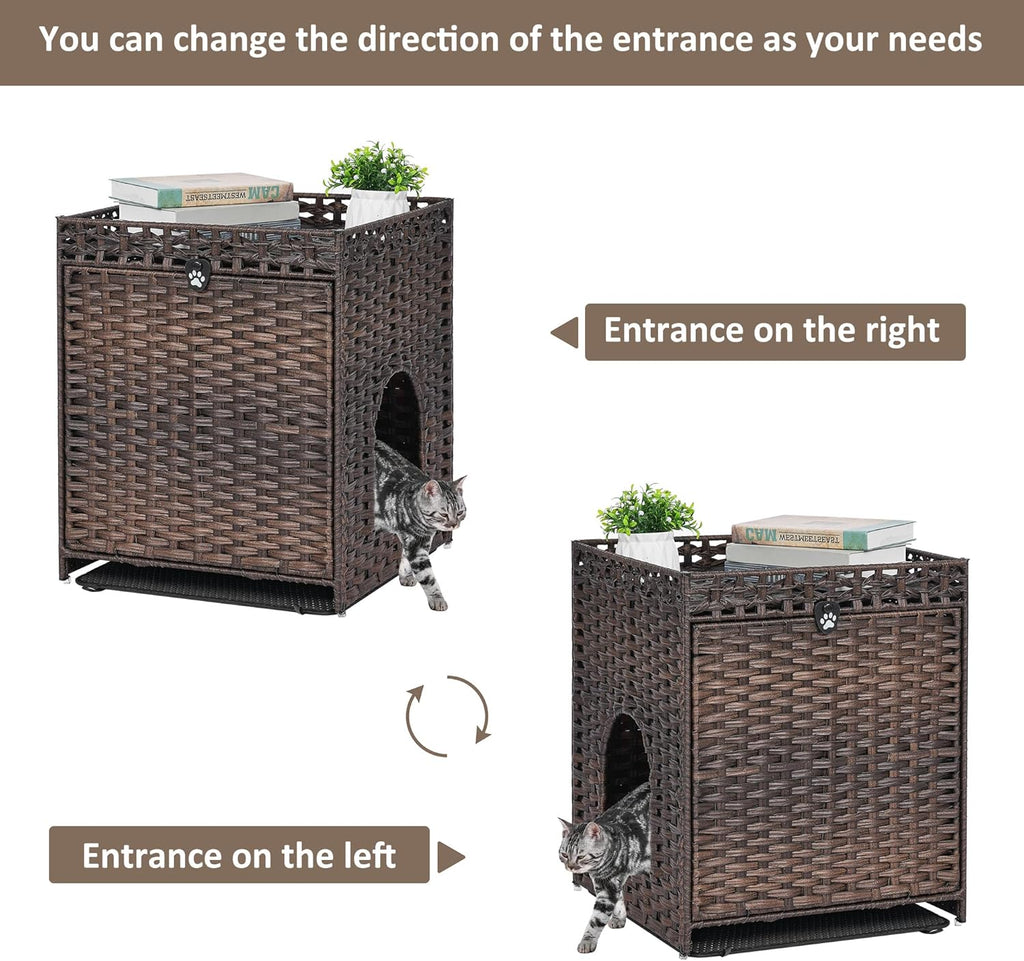 Cat Litter Box Enclosure with Soft Litter Mat; Hidden Cat Washroom Furniture with Door; Handwoven Rattan Cat House; Pet Crate for Living Room, Bedroom, Balcony (Brown)