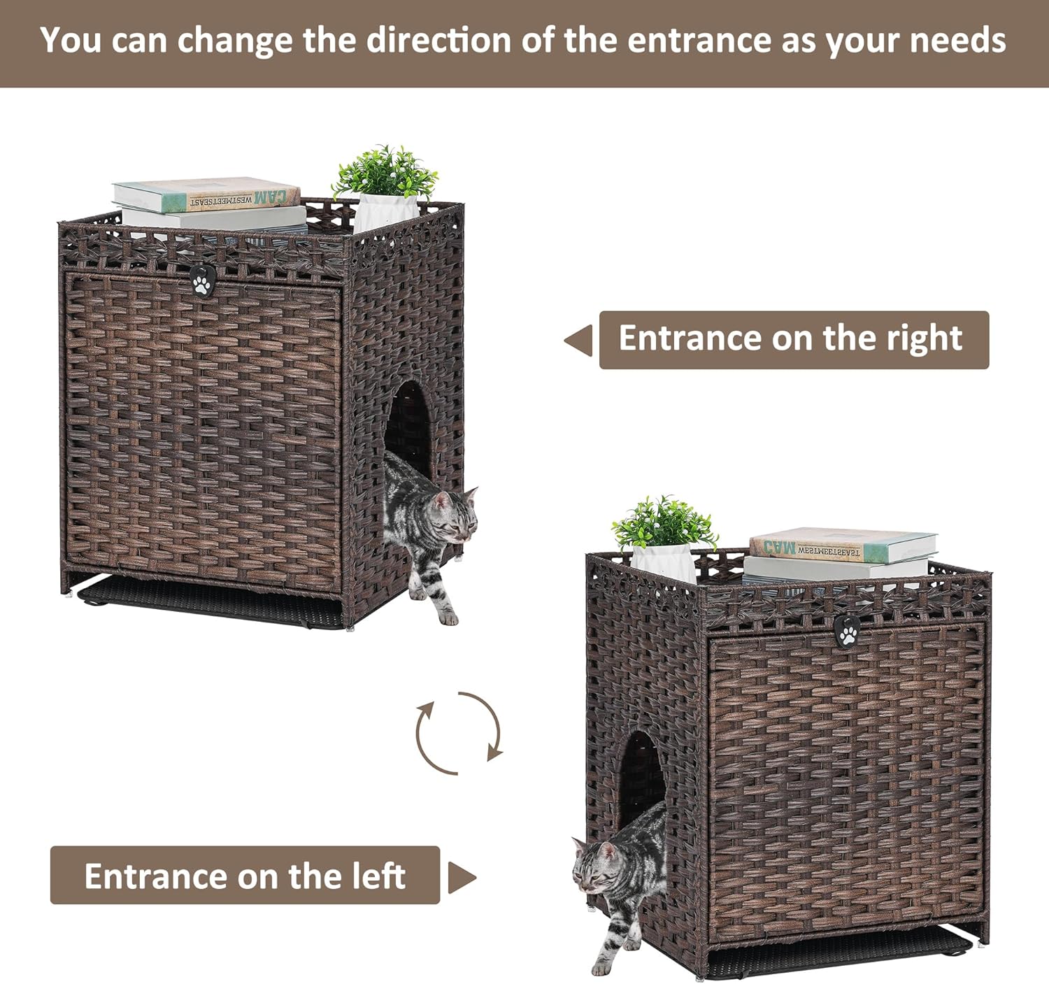 Cat Litter Box Enclosure with Soft Litter Mat; Hidden Cat Washroom Furniture with Door; Handwoven Rattan Cat House; Pet Crate for Living Room, Bedroom, Balcony (Brown)