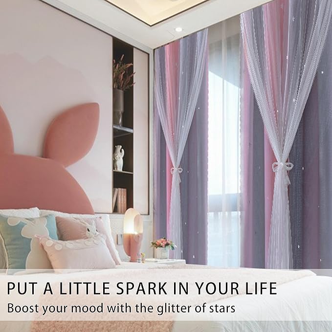 XiDi Curtains for Girls Bedroom Decro,Full Blackout 84 Inches Long for Kids Room, Colorful Rainbow Design, Unicorn Wall Decor Ombre Curtains, Princess Room Pink/Grey