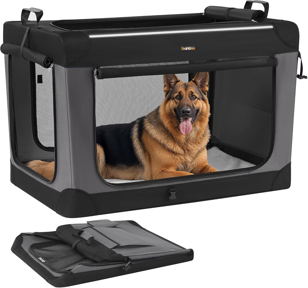 Feandrea Collapsible Dog Crate, 42-Inch Portable Dog Travel Crate for Large Dogs, Oxford Fabric Pet Carrier with 4 Mesh Doors, Handles, Storage Pocket, Water Bottle Holder, Ink Black UPDC021B01