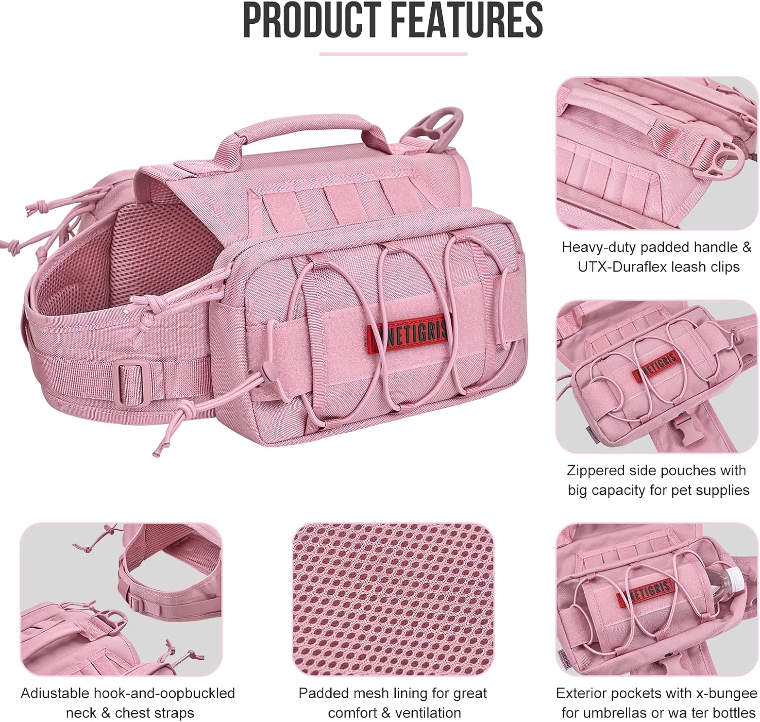 ONETIGRIS Dog Backpack for Medium & Large Dogs, Nylon Backpack for Dogs Tactical Pet Backpack with Side Pockets for Hiking Walking Training Running (Pink, Medium)