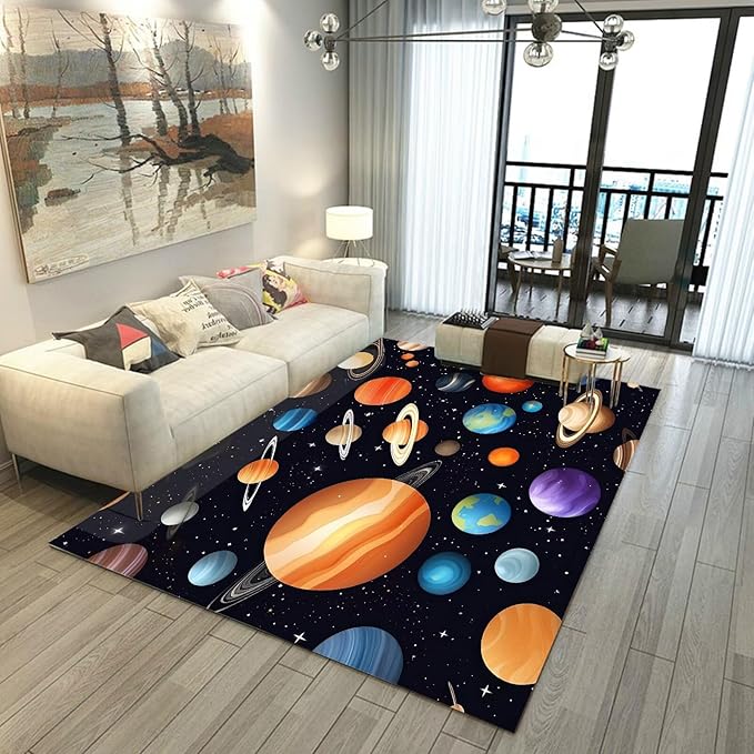 6' x 9' Space Rug for Kids Bedroom Cartoon Planet Stars Rugs Galaxy Carpet Printed Throw Rugs for Boys Children Living Room,180x275cm