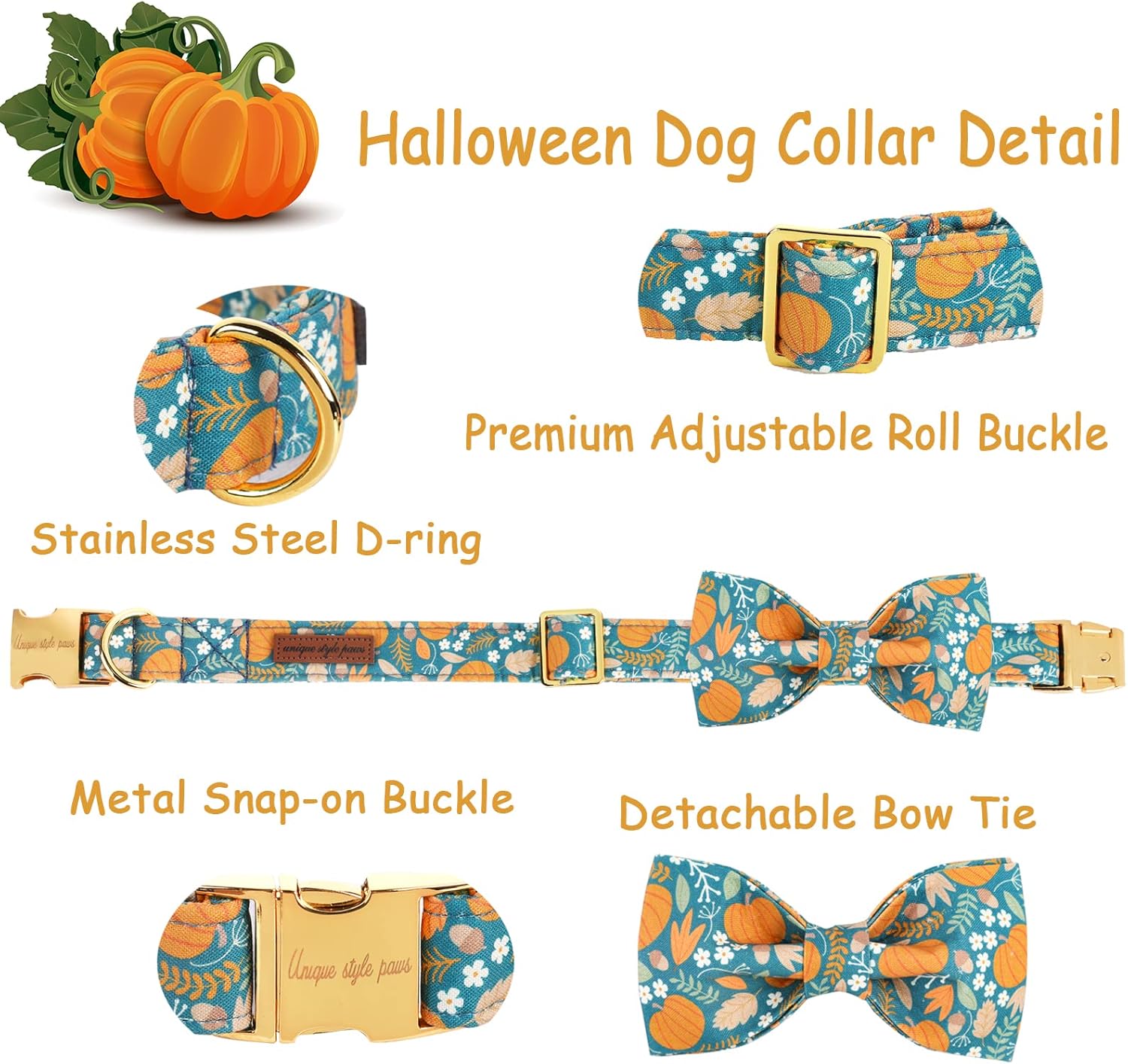 Unique style paws Halloween Dog Collar with Bow Tie Pumpkin Cotton Collar Adjustable Puppy Collar for Small Medium Large Dogs-XS