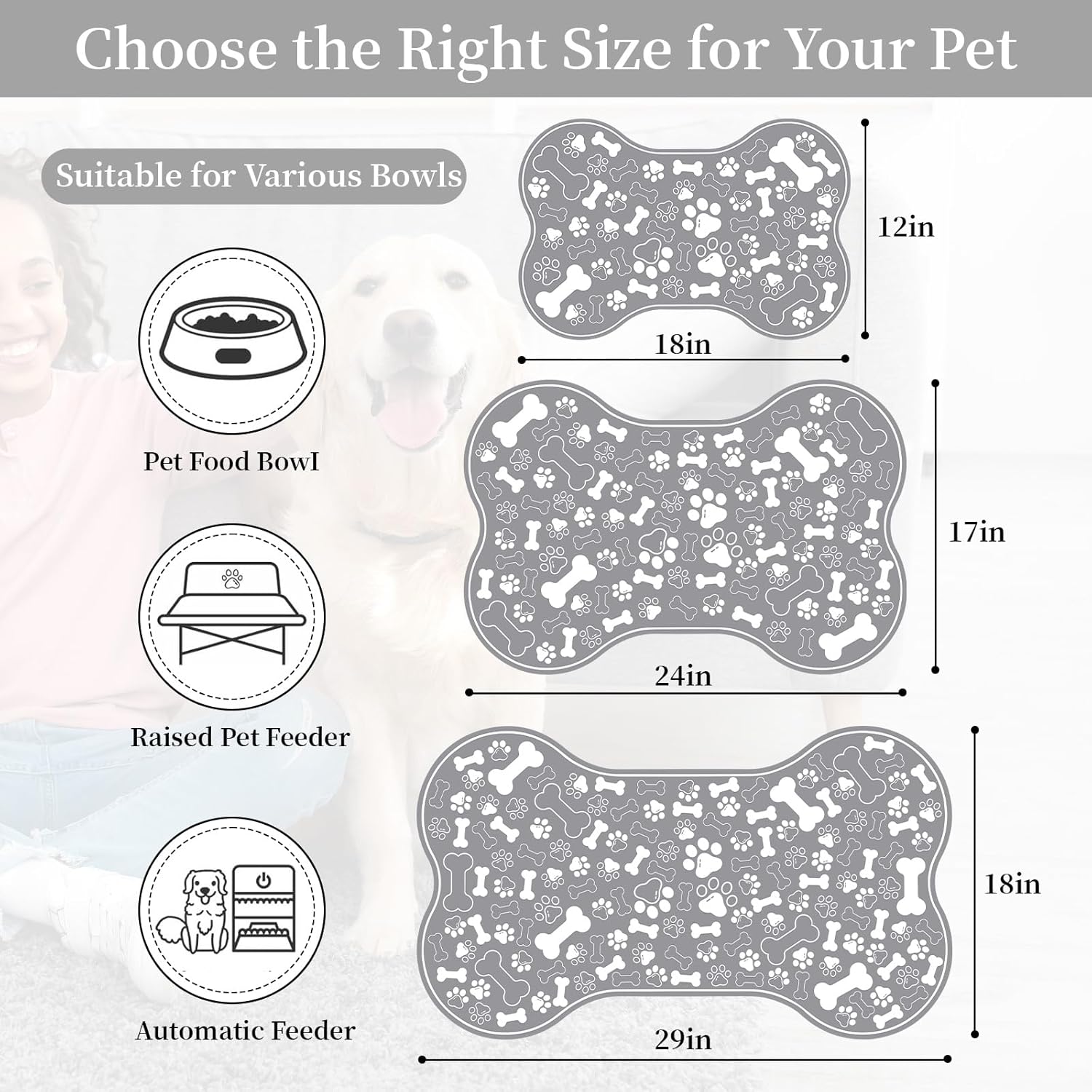 Dog & Cat Food Mat Bone Shaped Pet Feeding Mat Quick Absorb Water Bowl Placemat with Rubber Backing Indoor Floor Stain Resistant Pet Accessory Supplies (Grey, 16x24 Inches)