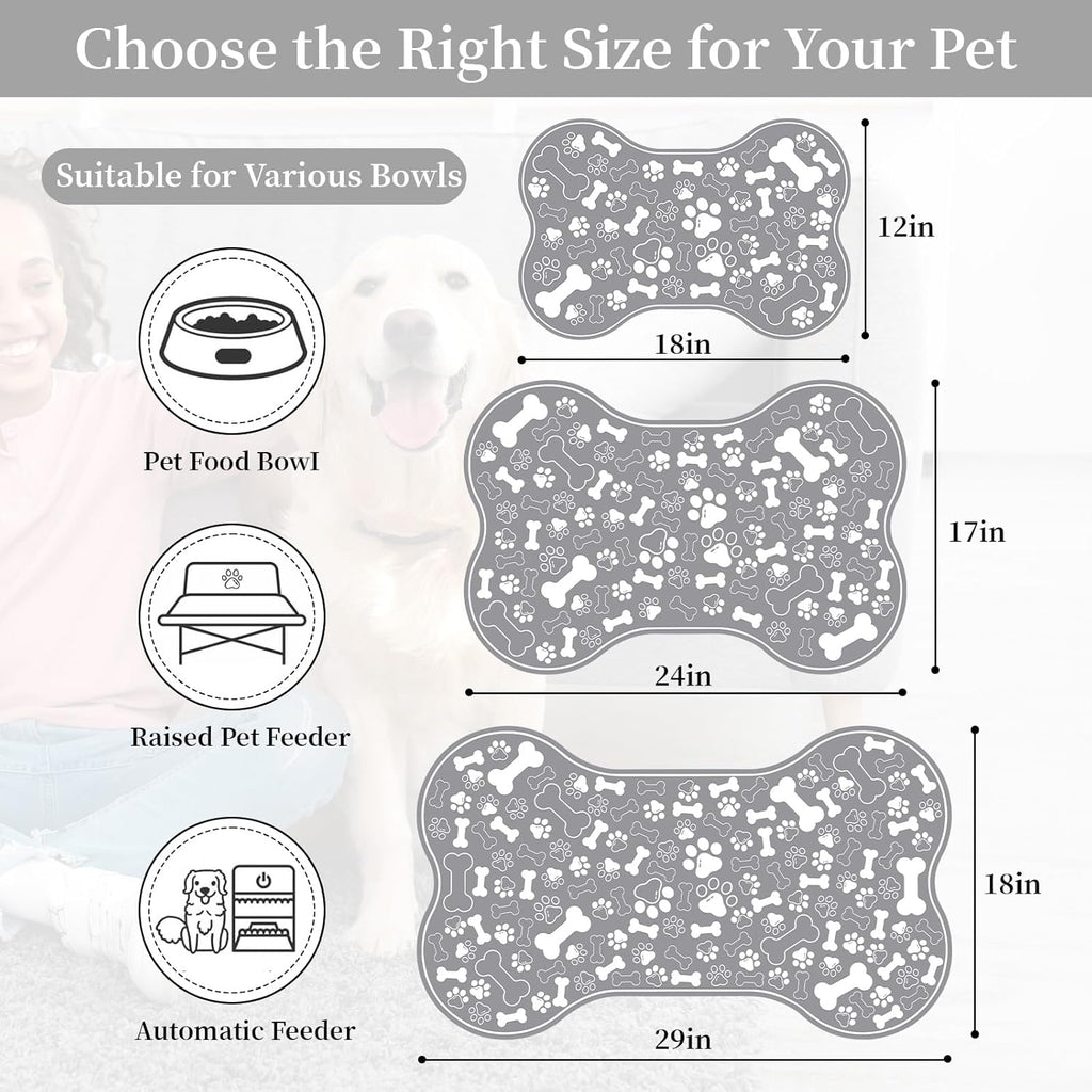 Dog & Cat Food Mat Bone Shaped Pet Feeding Mat Quick Absorb Water Bowl Placemat with Rubber Backing Indoor Floor Stain Resistant Pet Accessory Supplies (Grey, 17x29 Inches)