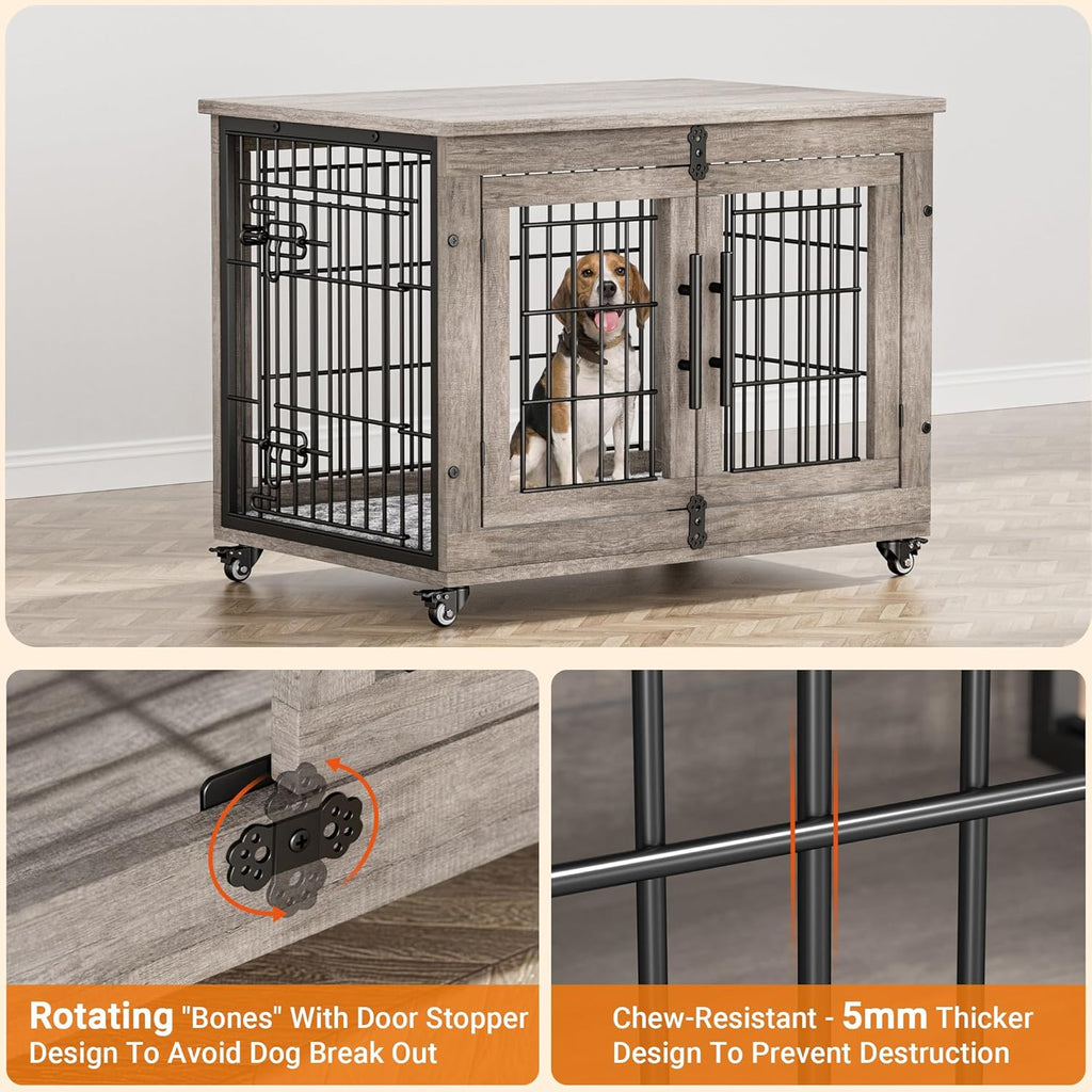 Lulive Dog Crate Furniture Set of 2, Dog Kennel Indoor Double Doors Wooden Dog Cage, 32'' Heavy Duty Dog Crate with Cushion & Wheels, End Table Pet House Chew-Resistant Up to 45 lb, Grey