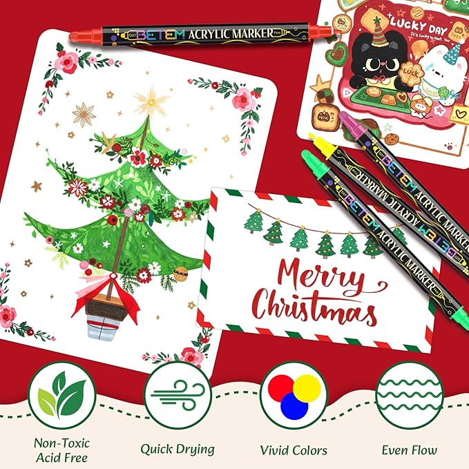 Betem 60 Colors Dual Tip Acrylic Paint Pens Markers, Premium Acrylic Paint Markers Stocking Stuffers for Rock, Wood, Fabric, Glass, Canvas, Ceramic, Christmas Gifts for Teens DIY Crafts Art Supplies