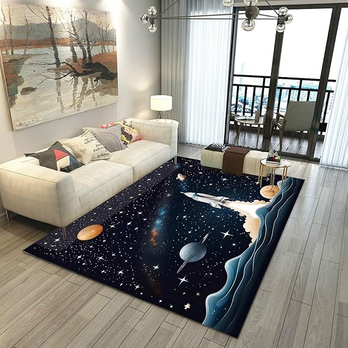 5' x 7' Space Rocket Rug for Kids Bedroom Black Stars Rugs Galaxy Carpet Planet Printed Throw Rugs for Boys Teens Living Room,150x210cm