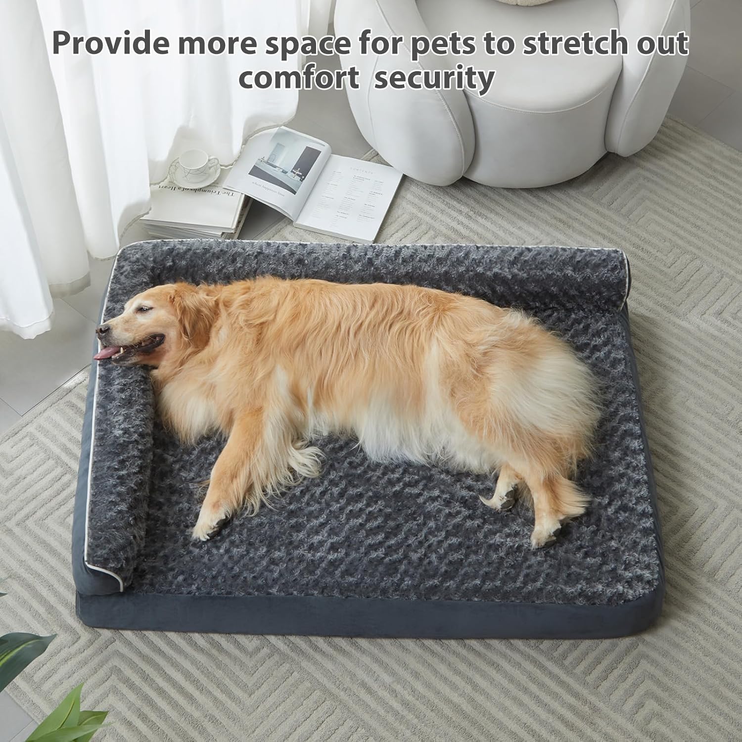 BFPETHOME Extra Large Orthopedic Dog Bed, L-Shaped Pet Bed for Dogs up to 100 lbs, Waterproof, Removable Washable Cover, Non-Slip Base, 48 x 35 x 7.5 inches, Dark Grey