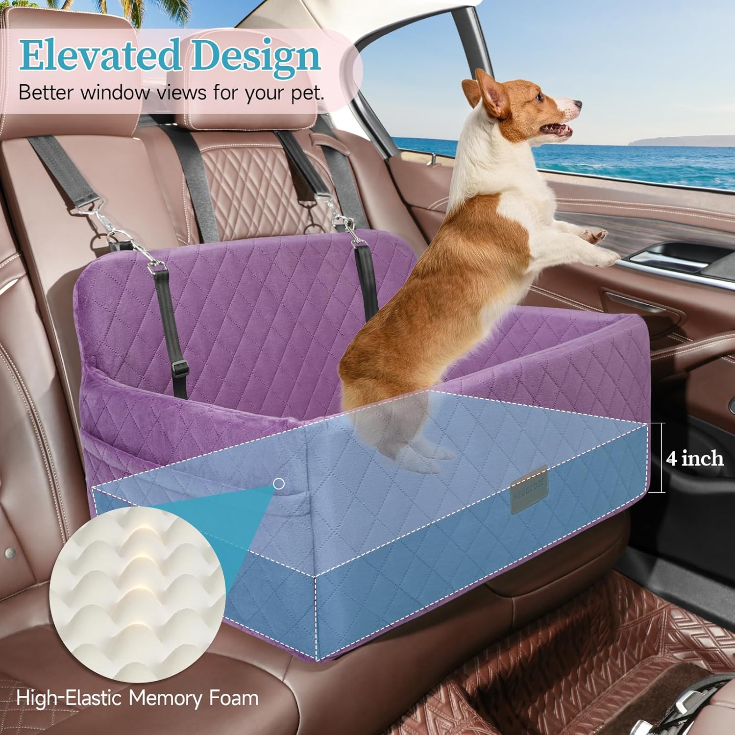Dog Car Seat for Medium/Large Dogs, Pet Booster Seat for Under 55 lbs or 2 Small Dogs, Detachable & Washable Dog Car Bed for Backseat with 2 Safety Leashes (Purple)