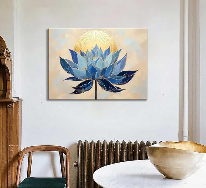 Zen Canvas Wall Art Abstract Blue Lotus Flower Boho Sunrise Gold Sun Spiritual Painting Pictures Wall Decor Poster Print Artwork for Office Yoga Room Spa Room Meditation Room Home Decoration