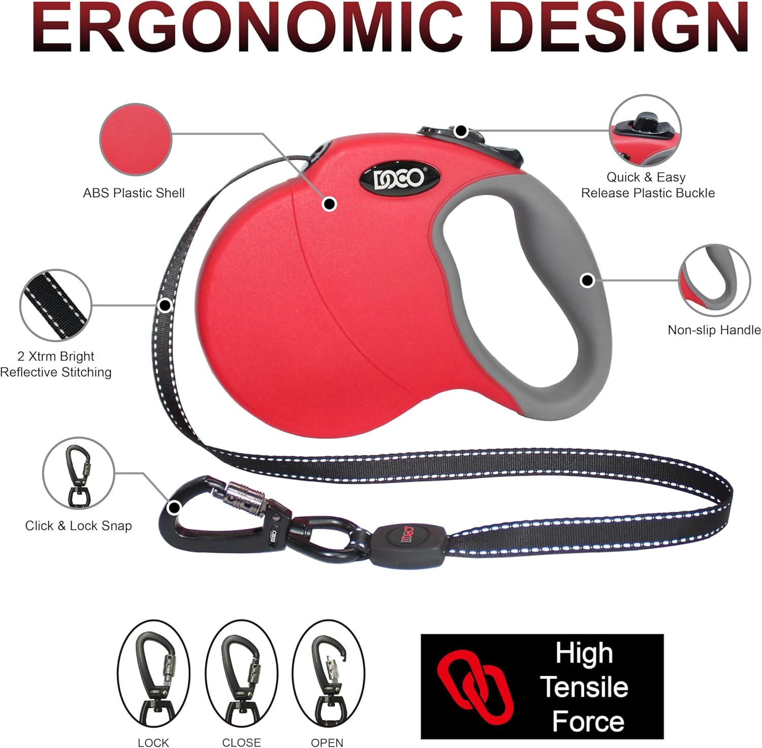 DOCO Retractable Dog Leash for Large Dogs (Length - 16’, Weight - Upto 45lb) Reflective Tape Lead with Stop and Lock Control, Tangle Free 360° Swivel Snap & Anti-Slip Grip (Blue, Medium)