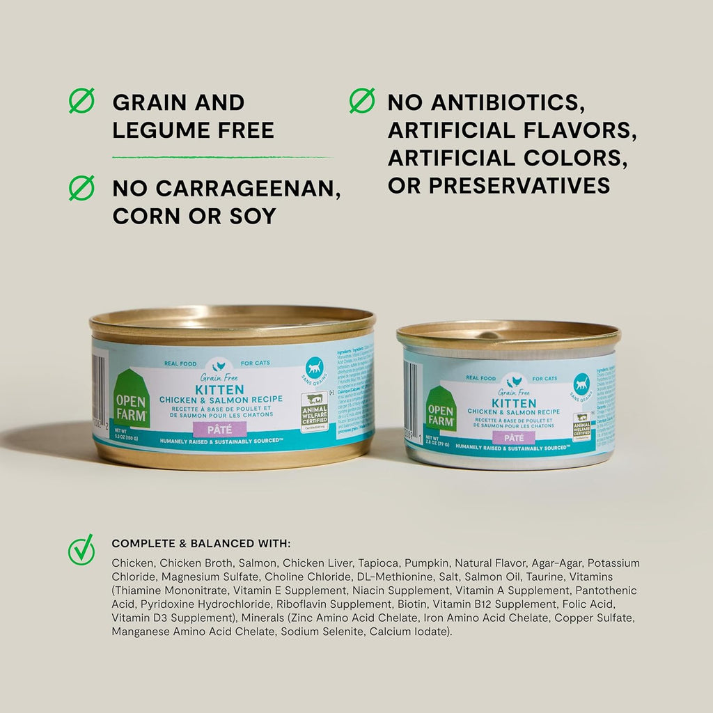 Open Farm Canned Kitten Food, Paté for Complete & Balanced Nutrition, Grain-Free and Legume-Free Wet Kitten Food, Chicken & Salmon Recipe, 5.3oz Cans (Case of 12)