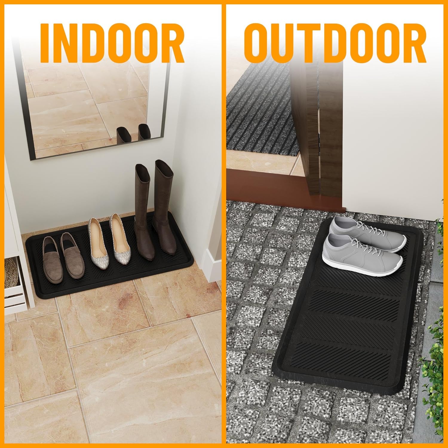 Indoor/Outdoor Hose-Wash Lines Design Non-Slip Rubber 16" x 32" Modern Entryway Mat for Entryway, Patio, Backyard, Garage, 16" x 32", Black
