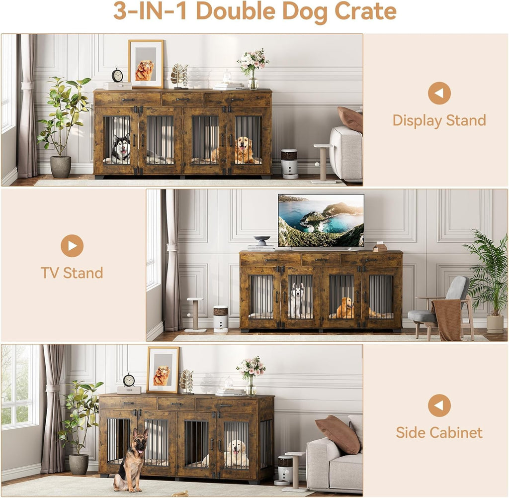 Dog Crate Furniture for 2 Dogs, 71 in XXL Indoor Dog Kennel with 3 Drawers and Removable Room Divider, Wooden Double Dog Crate TV Stand End Table with Double Doors for Large Medium Dogs, Rustic Brown