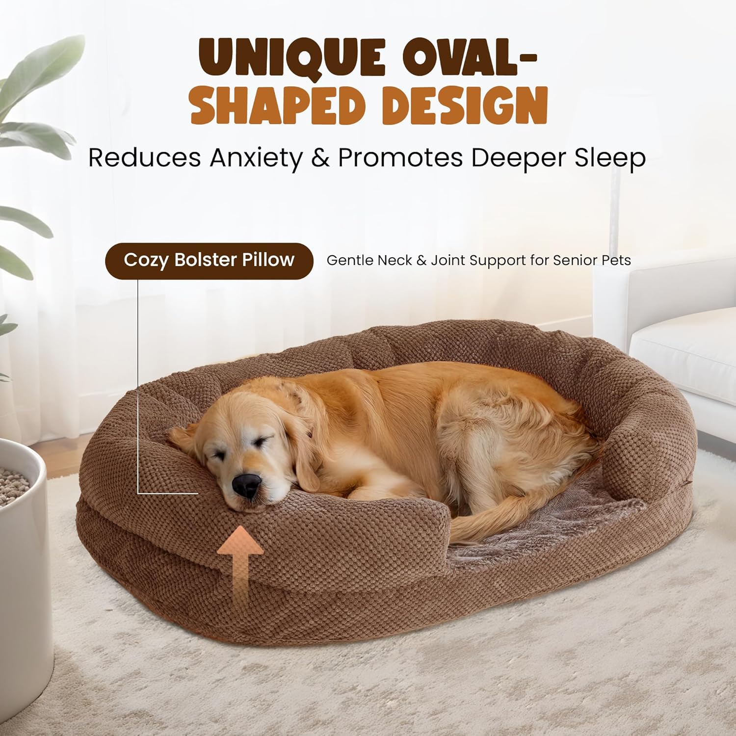 Orthopedic Dog Bed for Extra Large Dogs – XL Size 48"x36" Washable Bolster Couch, Extra-Thick 3.6" Foam Oval Pad Fits Dog Curve, Washable Removable Calming Plush Cover, Cozy Pet Sofa Bed