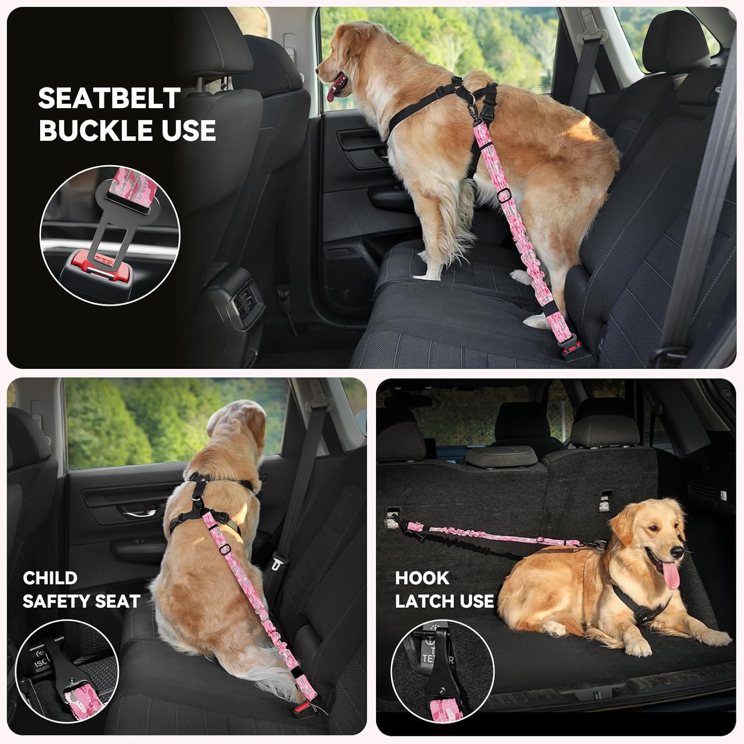 Pawaboo Dog Seatbelt for Car, 3-in-1 Dog Seat Belt Bungee, Shockproof Dogs Tether with Buckle & Hook Latch, Adjustable Reflective Dogs Cars Harness Leash with 360° Lockable Buckle, Pink Camouflage