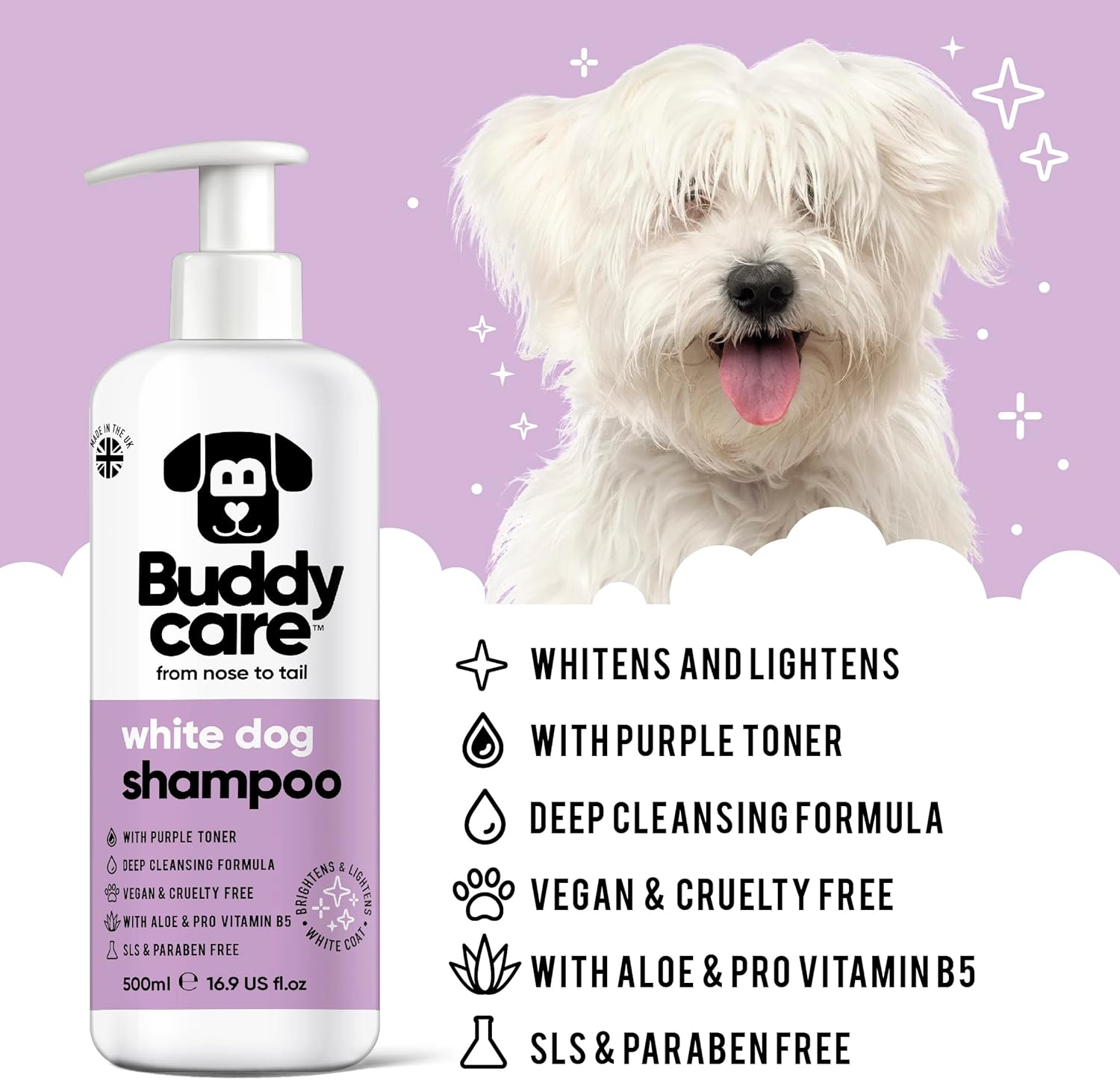 White Dog Shampoo by Buddycare | Brightening and Whitening Shampoo for Dogs | Deep Cleansing, Fresh Scented | with Aloe Vera and Pro Vitamin B5 (50.72oz)