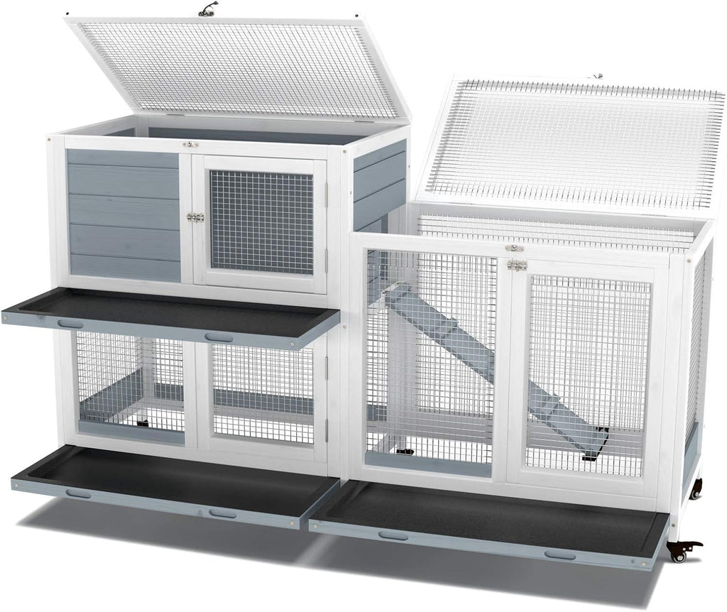 GDLF Two Floors 58" Wooden Indoor Bunny Hutch Rabbit Cage on Wheels Guinea Pig PET House for Small to Medium Animals Waterproof No Leak Tray