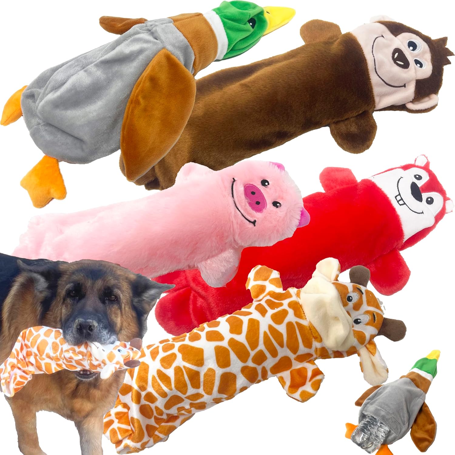 Jalousie 5 Pack Stuffingless Dog Squeaky Toys Dog Toy w/Durable Liner No Stuffing Dog Toy - Dog Toys Crinkle Paper Squeaker Toy for Medium Large Dogs (5 Pack - w/Bottle Insert Pouch)