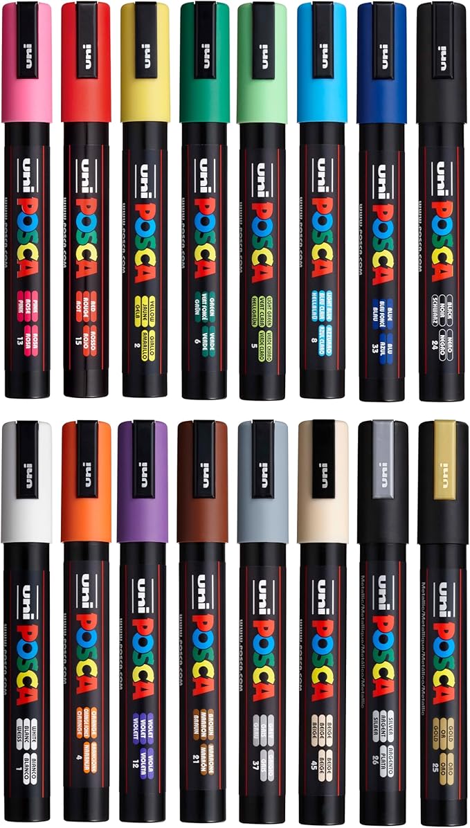 Posca Exclusive Holiday 5M Paint Markers Gift Set of 16 with Carrying Case, Great for Kids and Adults, Acrylic Art Markers for Coloring Christmas Decorations, Canvas, Wood, Glass and Metal