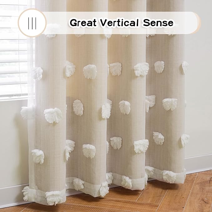 MYSKY HOME Beige Curtains for Bedroom 63 Inch Long Double Layer Curtains for Kids Room Kithen Beige Pom Pom Sheer Nursery Curtains Grommet Room Darkening Window Curtains 2 Panels Set, 52 x 63 Inch