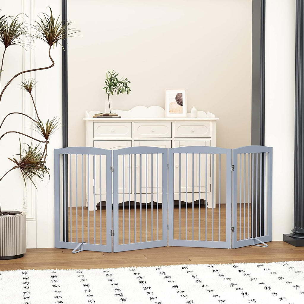 Freestanding Wooden Pet Gate - Foldable Indoor Dog Gate, 80 Inch Wide, 4 Panels, Grey