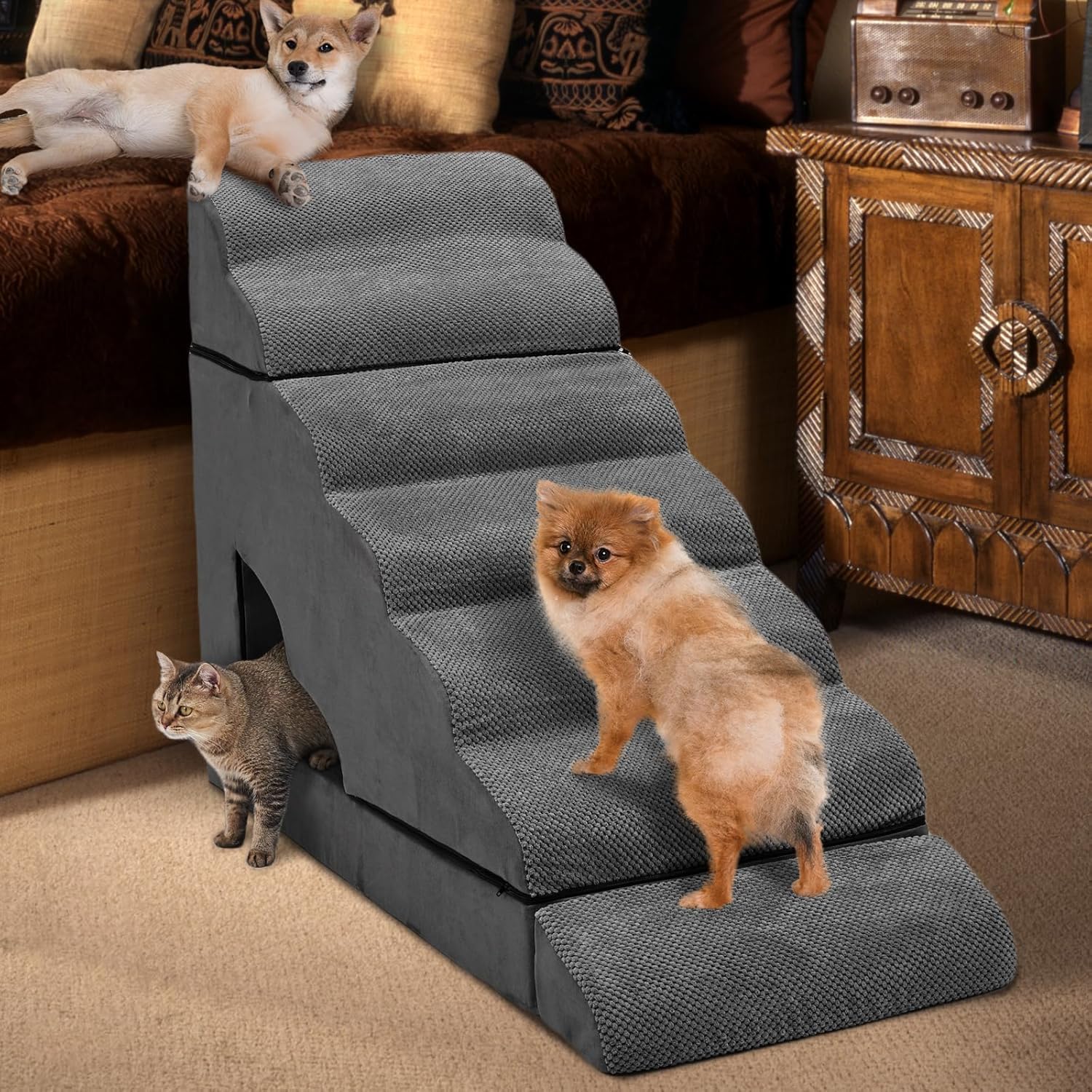 Foam Dog Stairs & Steps Ramps for High Beds 30-36 inches High Tall Large Dogs, LitaiL 7 Step Pet Stairs Steps for High Beds 30 inch Small Dogs, Non-Slip Dog Ramps for Bed