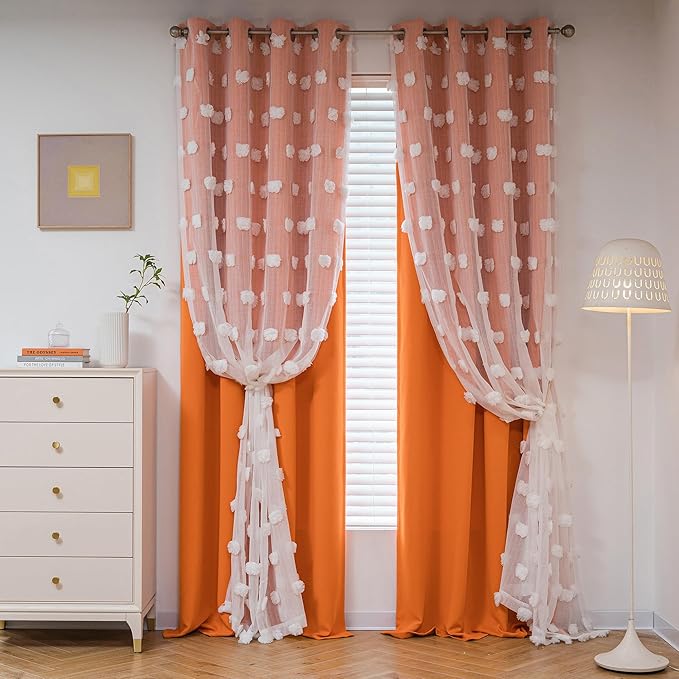 MYSKY HOME Bedroom Curtains Orange Blackout Curtains for Nursery Kids Room 63 Inch Long Double Layer Curtains for Daughter Room White Pom Pom Sheer Grommet Room Darkening Window Curtains, 52" x 63"