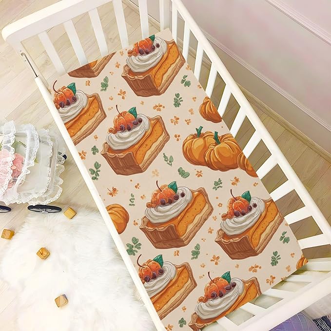 Thanksgiving Fall Pumpkins Pies Crib Sheets Soft Breathable Fitted Baby Crib Sheets Mattress Cover for Girls Boys, 52" x 28" x 9"