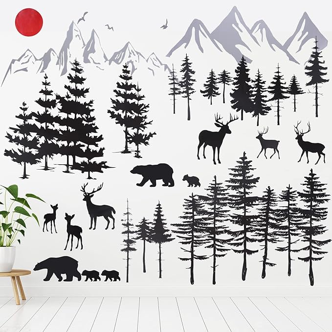 Outus 3 Sheets Mountain Forest Bear Wall Decals Stickers Pine Tree Wall Decals Trees Wall Stickers Deer Forest Decals for Kids Nursery Bedroom Living Room Decor,11.8 x 35.4 Inches
