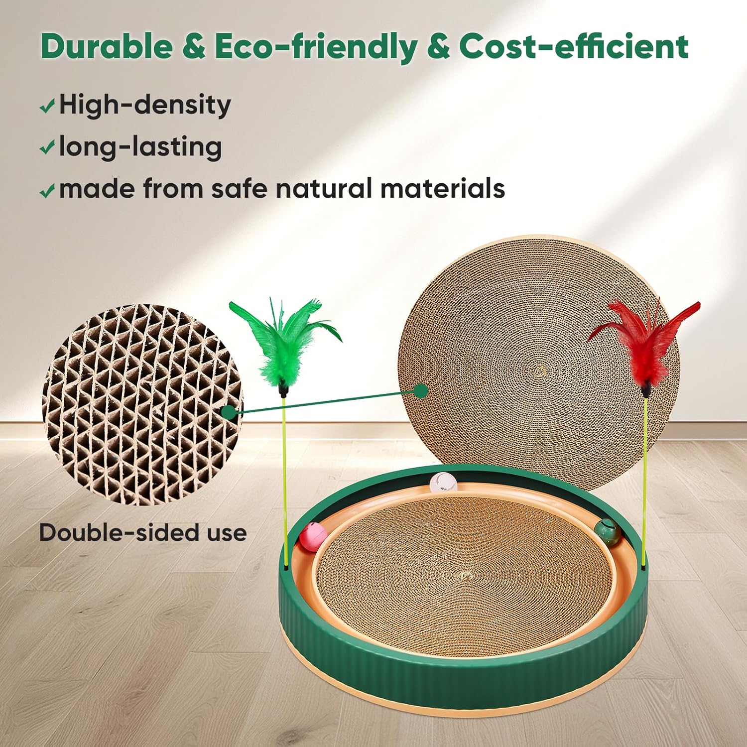 20-Inch Round Cat Scratcher with Ball Track – 3-in-1 Cardboard Scratching Pad with Feather Toy & Non-Slip Base – Interactive Cat Toy for Indoor Cats, Kittens & Large Cats (Green)