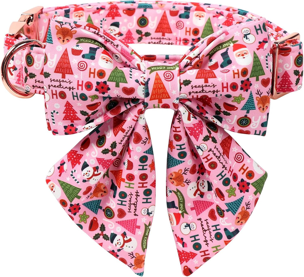 Lionet Paws Christmas Dog Collar with Sailor Bow, Cute Ho Christmas Tree Snowman Pink Dog Collar Bow Tie for Puppies and Cats, XS, Neck 8-12 inches