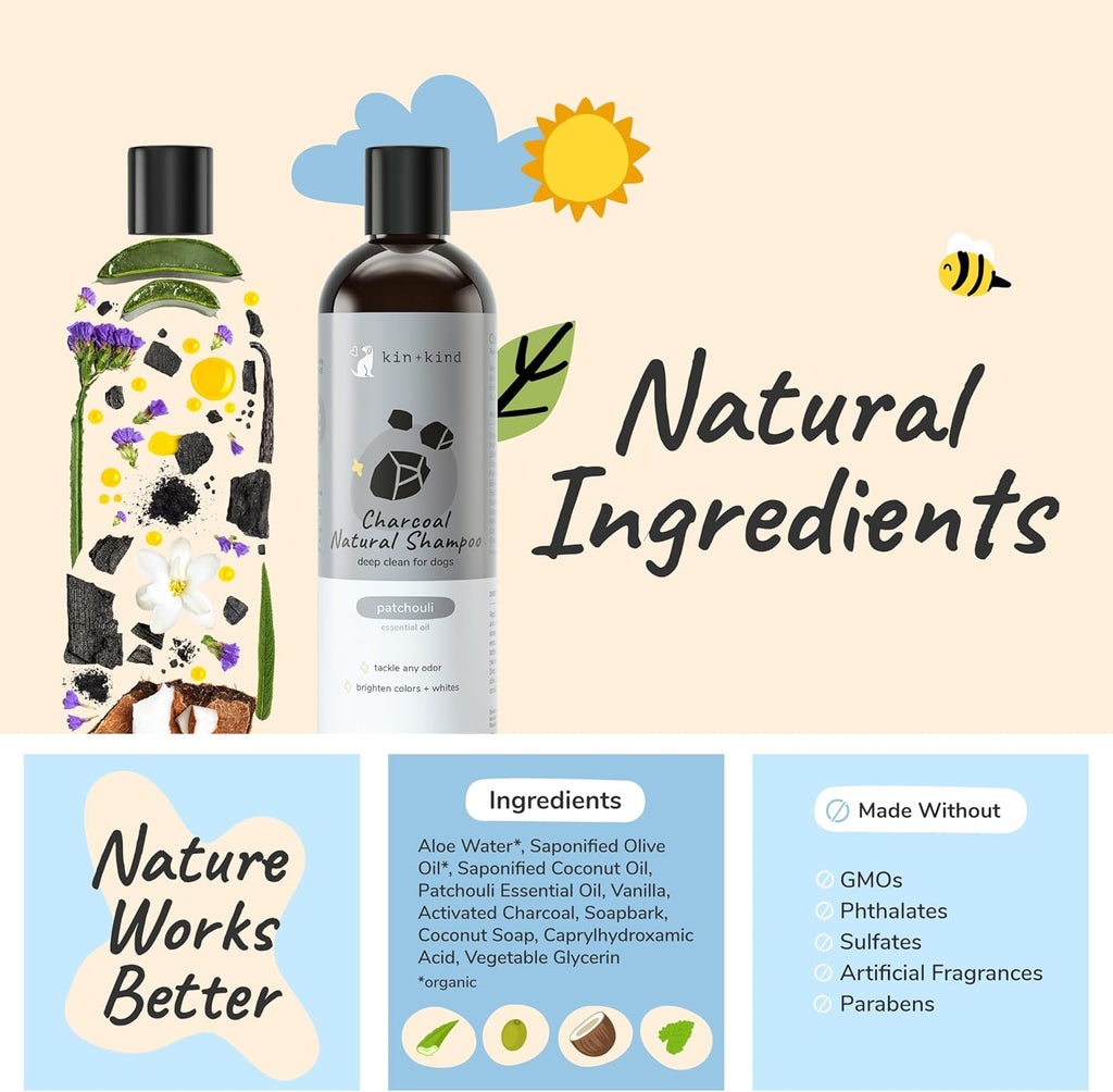 kin+kind Dog Shampoo - Deep Clean, Dirt & Odor Remover w/Activated Charcoal for Dogs, Gentle Formula w/Natural Aloe, Olive Oil & Coconut Oil, Pet Hair Care & Grooming Products, Patchouli, 12 fl oz