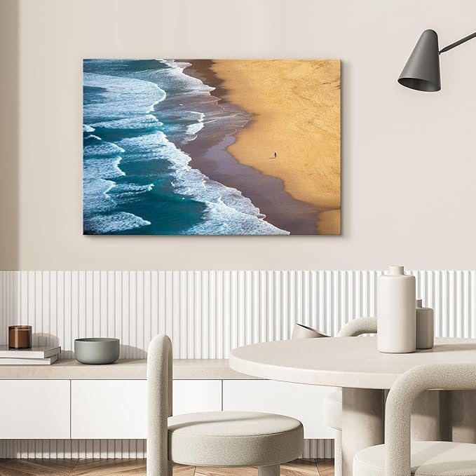 SIGNWIN Canvas Wall Art Serene Ocean Shoreline Aerial Beach View with Rolling Waves and Lone Surfer Photography Modern Art Rustic Landscape Relax/Calm for Living Room, Bedroom - 16"x24"