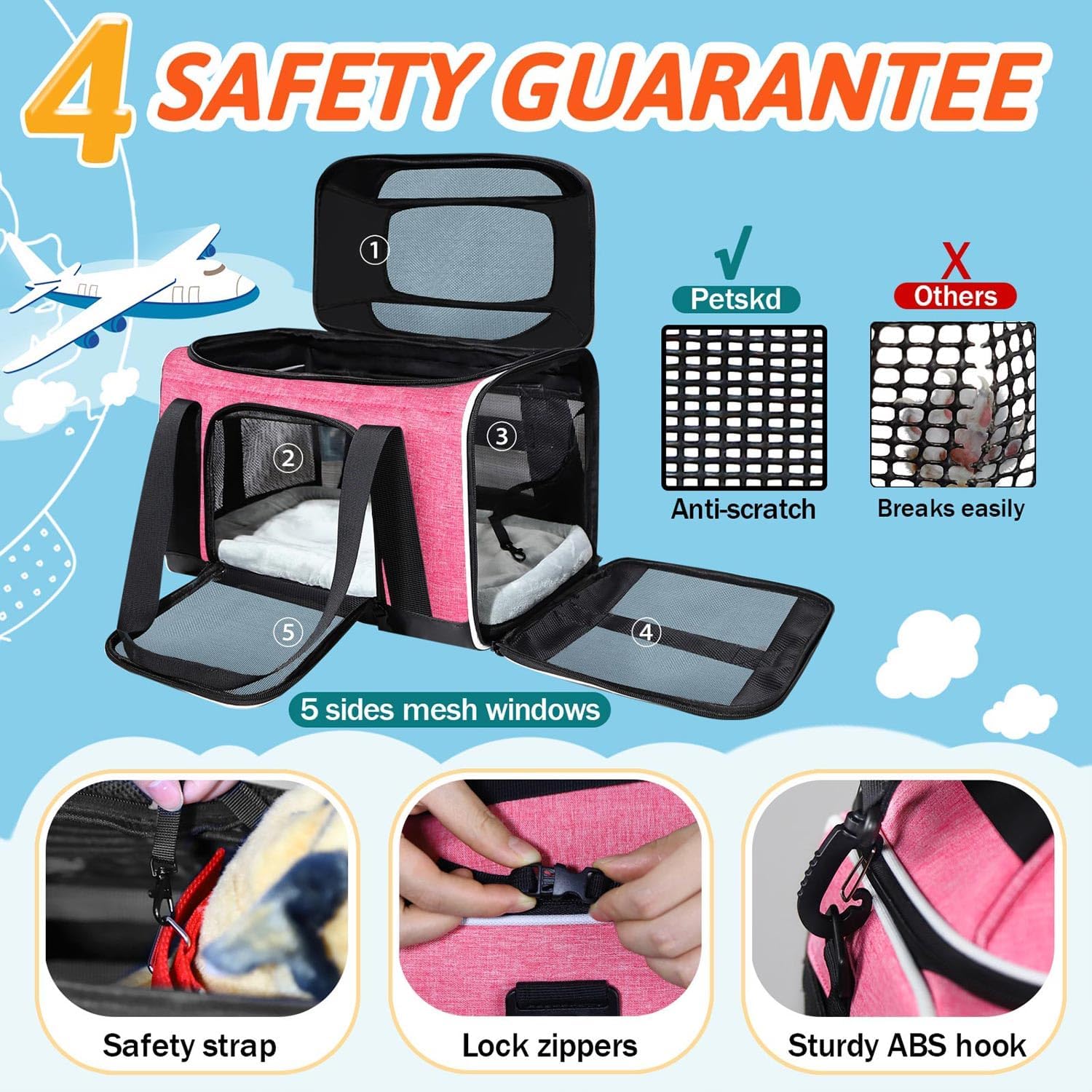 Petskd Top-Expandable Pet Carrier 18x11x11 Inches Delta American United Airline Approved, Soft-Sided Carrier for Small Cats and Dogs with Locking Safety Zippers and Anti-Scratch Mesh(Pink)