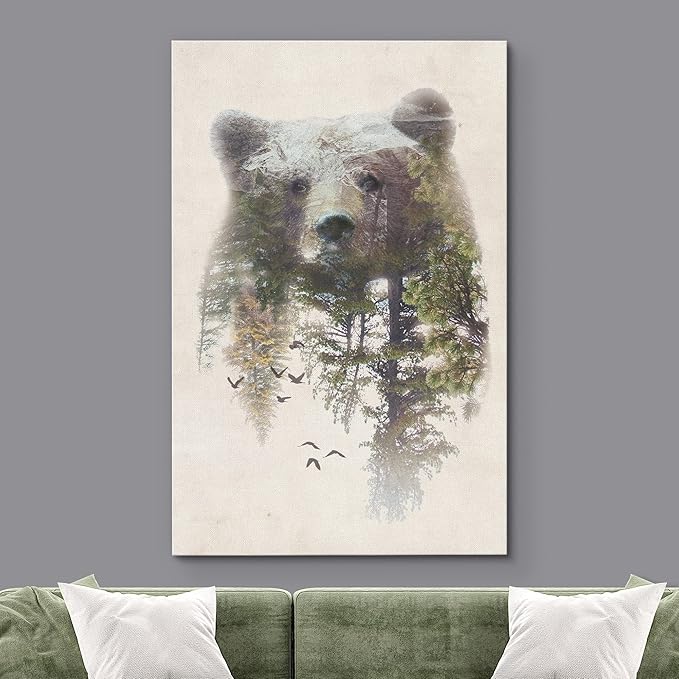 SIGNWIN Canvas Wall Art Bear and Spring Forest Double Exposure Photography Animals Wildlife Digital Art Modern Art Rustic Portrait Edgy for Living Room, Bedroom, Office - 12x18 inches