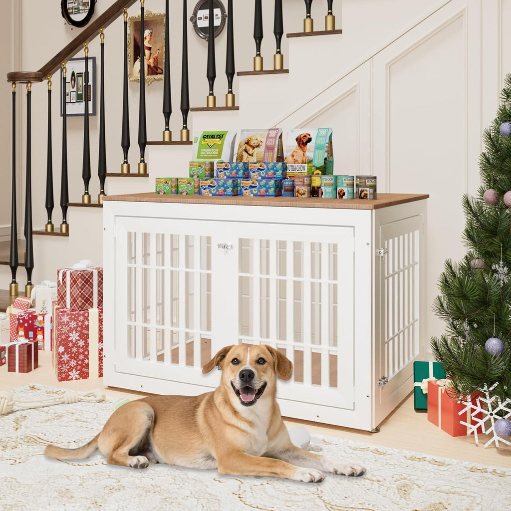 48" Heavy Duty Dog Crate Furniture for Small,Medium and Large Dogs,Rustic Wooden Dog Cage Kennel Indoor Furniture with Waterproof Top,Decorative Pet House Side End Table (White & Wood)
