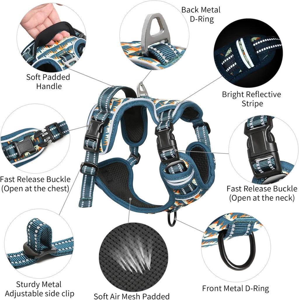 Timos Dog Harness, 3 Snap Buckles No-Pull Soft Padded Dog Vest with 2 Metal Leash Clips, Adjustable Reflective No Choke Pet Harness with Easy Control Handle for Small Dogs, Sunset Valley, S
