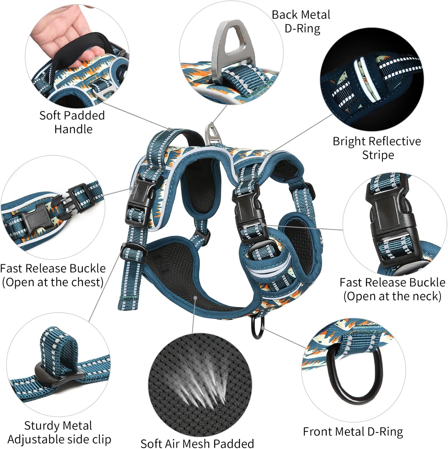 Timos No Pull Dog Harness, Release at Neck Reflective 3 Snap Buckles Adjustable No Choke Pet Vest with Front & Back 2 Leash Clips, Soft Padded Control Training Handle for Small Medium Large Dogs