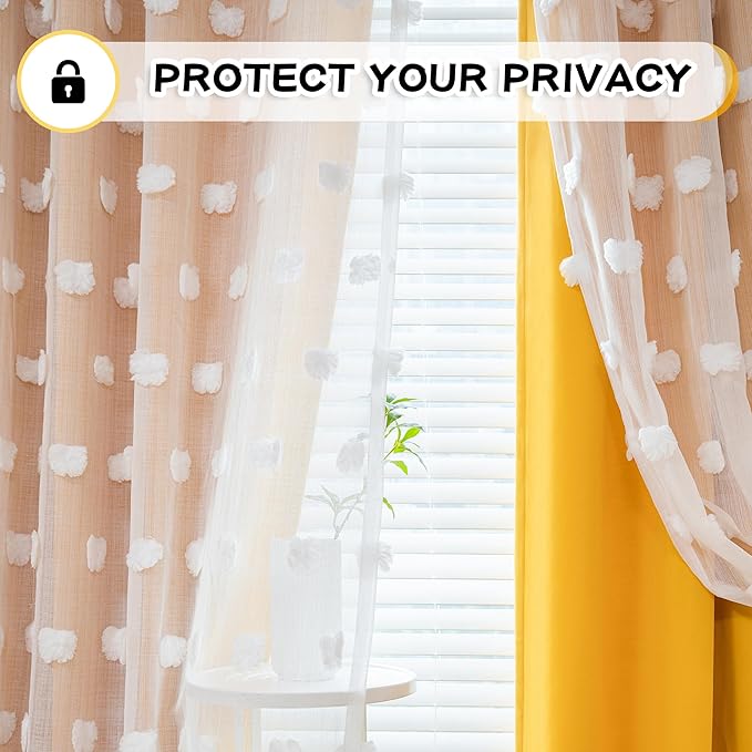 MYSKY HOME Extra Long Double Layer Curtains for Bedroom Princess Curtains for Daughter Room 95 Inches Long Pom Pom Sheer Curtains with Grommet Yellow Blackout Curtains for Living Room 52 x 95 Inch