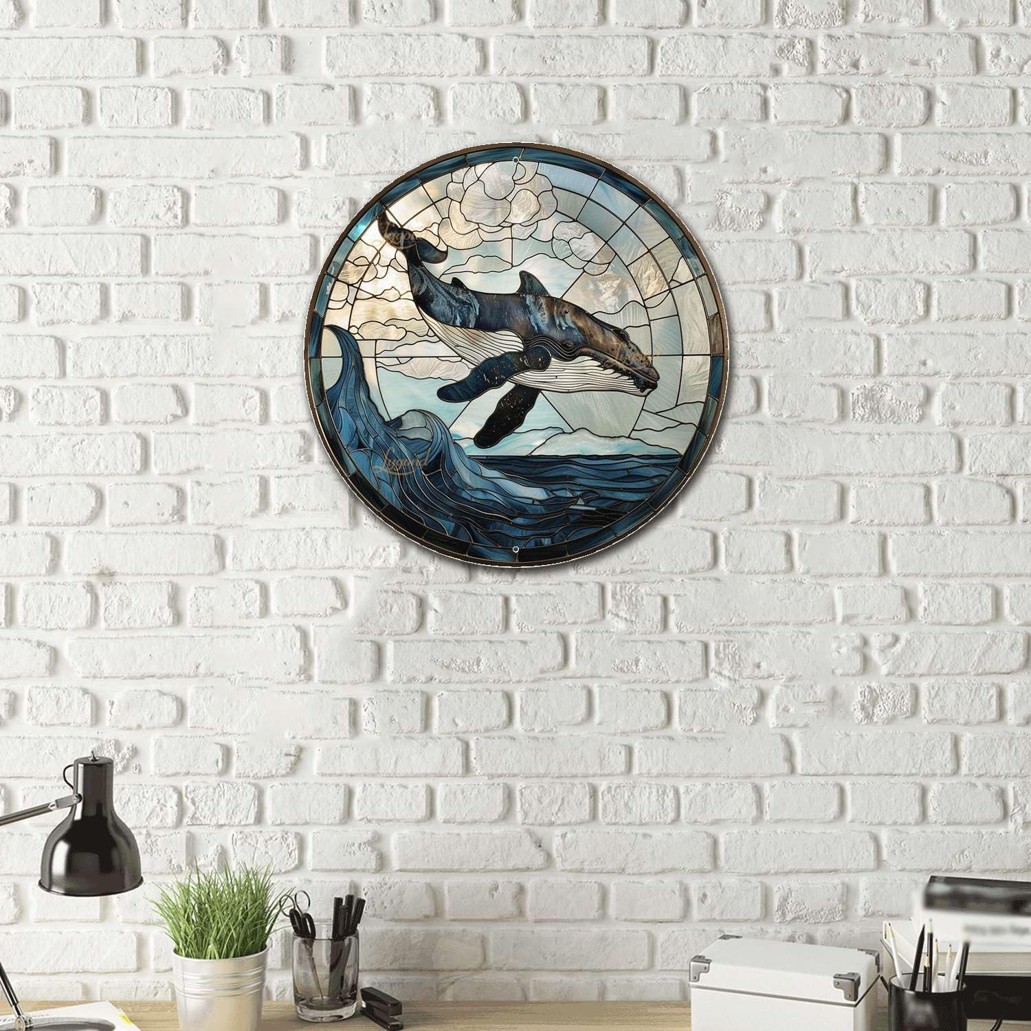 Lygond Metal Sign Tin Sign Circular Stained Glass Whale Bar Sign for Garage 8×8 Inches