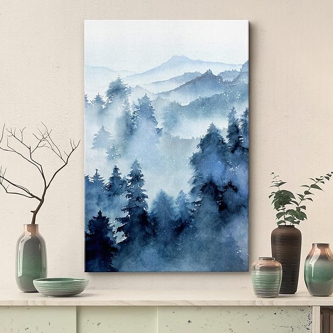 SIGNWIN Canvas Print Wall Art Woodland Nursery Decor Blue Winter Mist Pastel Mountain Forest Nature Illustrations Modern Art Decorative Landscape Colorful for Living Room, Bedroom, Office - 24"x36"