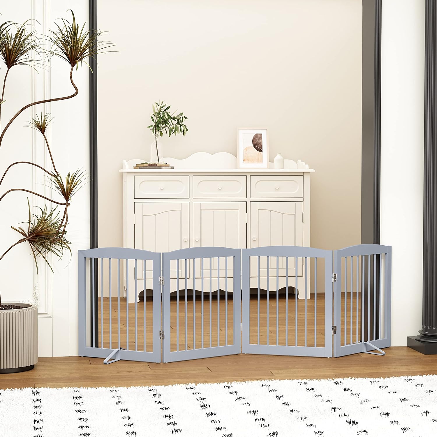 Freestanding Pet Gate - Foldable Wooden Dog Gate for House, Indoor, 80 Inch Wide, 4 Panels 24", Grey